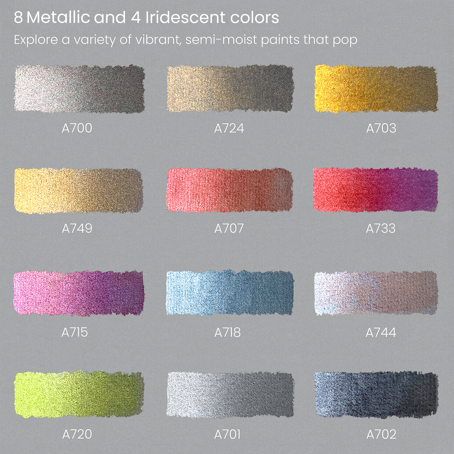 Metallic & Iridescent Watercolor Half Pans, Set of 12 Colors