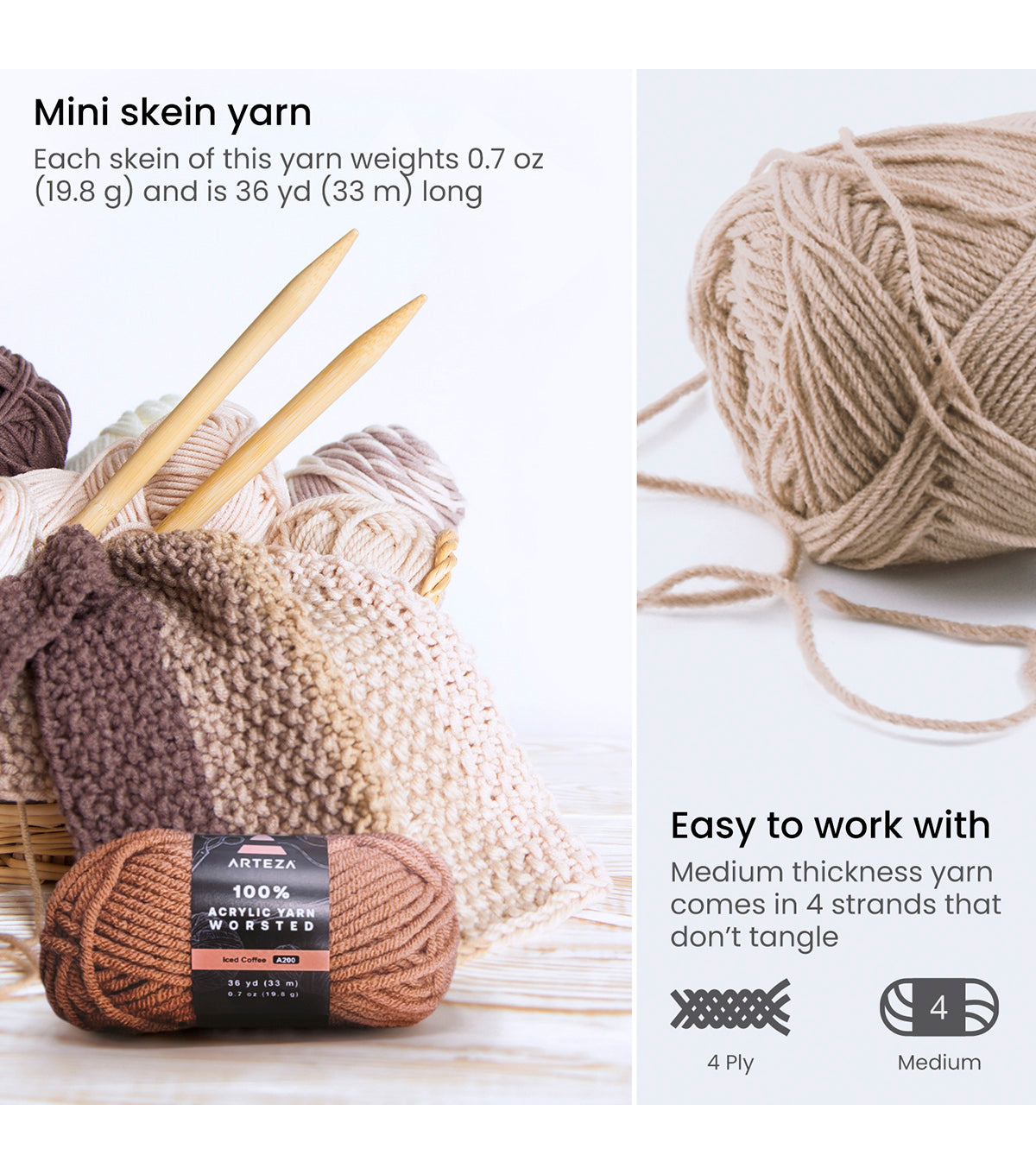  Arteza Acrylic Yarn for Crocheting, 4 x 200-g Skeins of  Worsted Yarn for Knitting, Half & Half A002, Machine Washable, Knitting &  Crochet Supplies – Use with Knitting Needles and