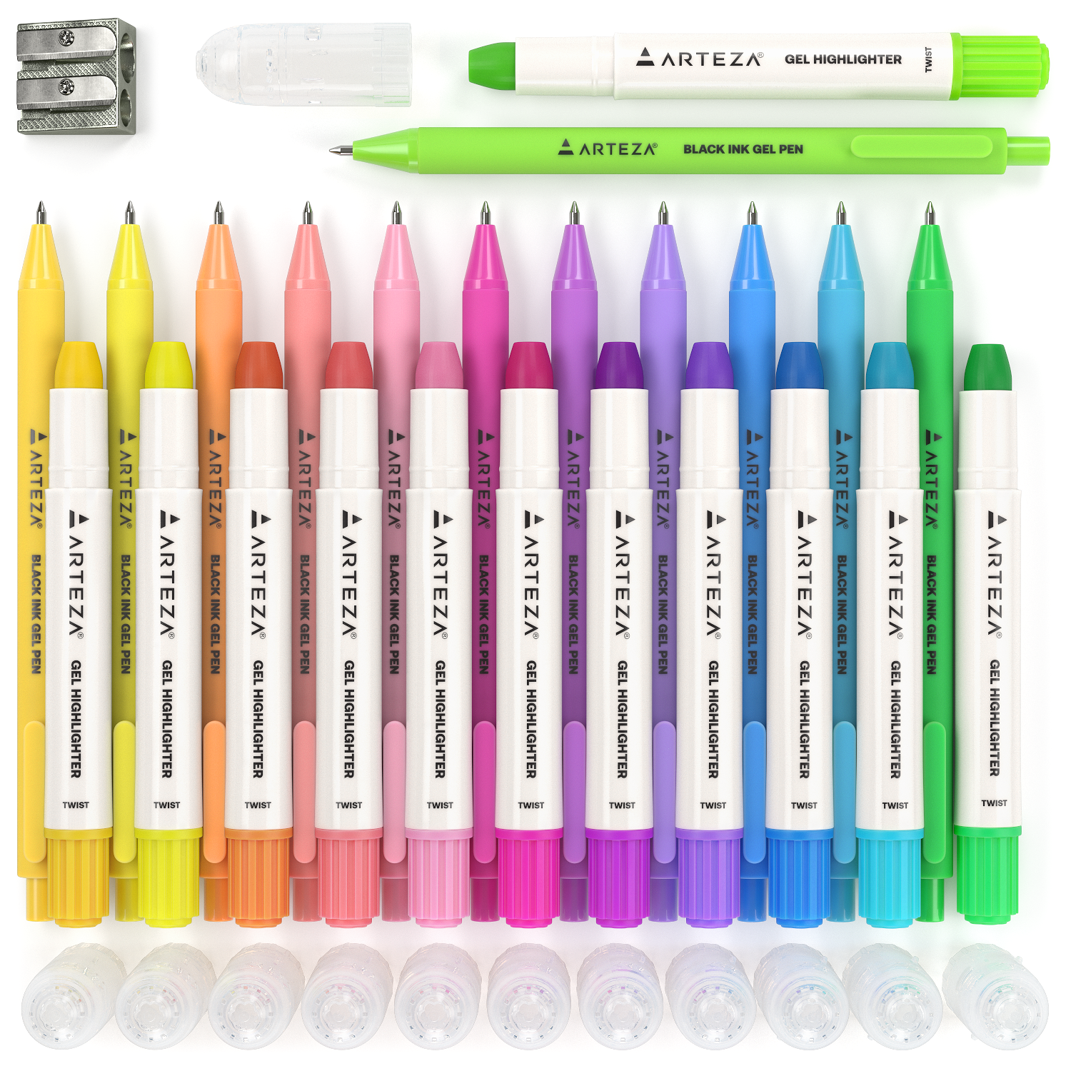 12 Gel Highlighter & 12 Pens with Sharpener Combo Set