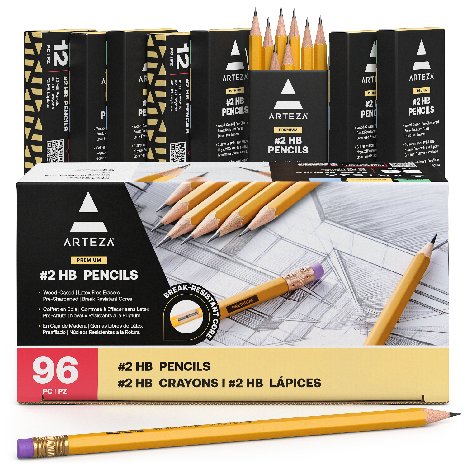 Wood Pencils, #2 Lead, Medium, Pack of 72 - Zerbee