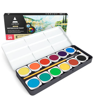 ARTEZA Watercolor Paint, Set of 36 Assorted Vibrant Colors in Half Pans (in  Tin Box) with Water Brush Pen for Artists, Art Painting, Ideal for