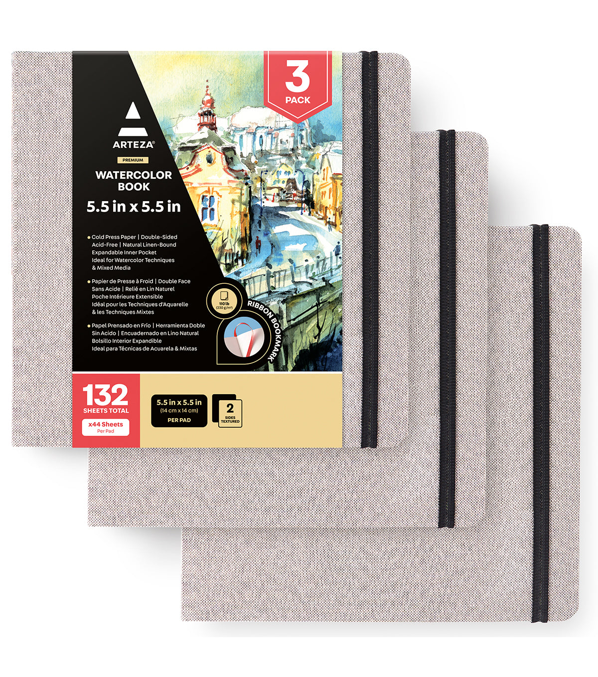 Watercolor Book, Gray Hardcover, 5.5" x 5.5", 88 Pages -  Pack of 3