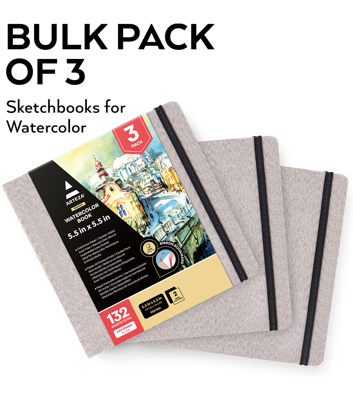 5.5 x 5.5 Watercolor Book, Gray Hardcover- Pack of 3 –