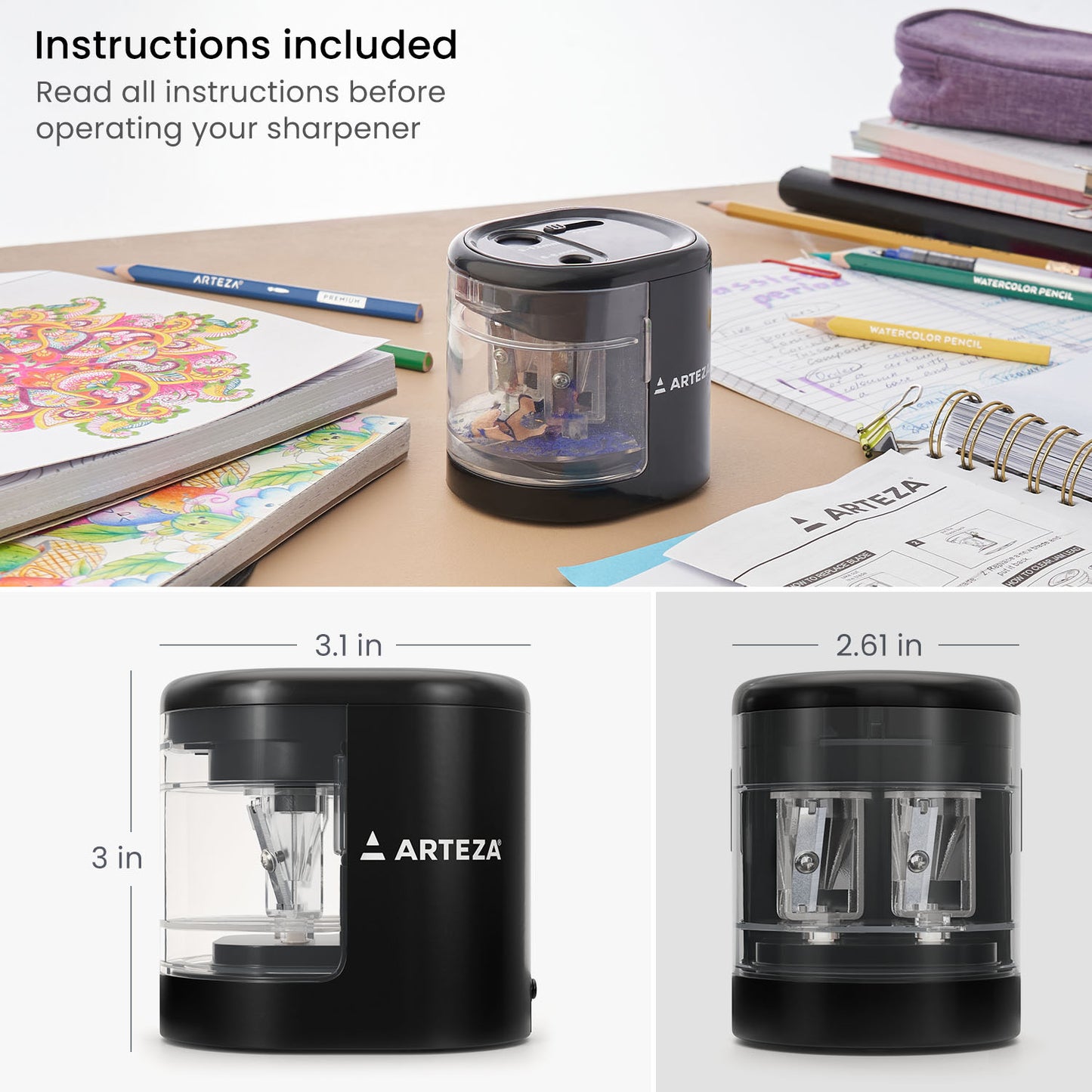 Sizing with 2-Hole Battery Operated Pencil Sharpener
