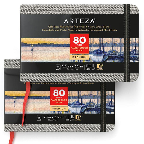 Arteza Watercolor Book, Gray Hardcover, 8 x 12, 64 Pages - Pack of 2