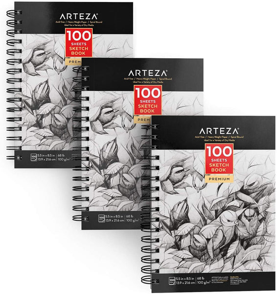 Arteza Spiral-Bound Sketchbook A5 (14.8 x 21 cm), Set of 3, 100 GSM, 100  Acid-Free, Fine Tooth Sheets in Each, Ideal for a Variety of Dry Media,  Practice Techniques, and Quick Studies – BigaMart