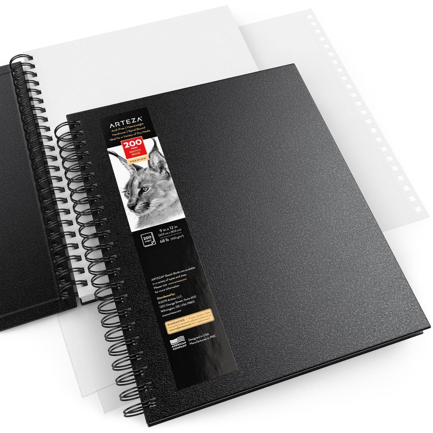 Arteza Sketchbook, Spiral-Bound Hardcover, Black, 9x12 inch, 200 Pages of Drawing Paper Each - 2 Pack