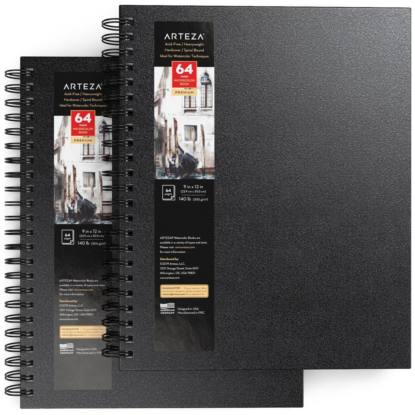 Watercolor Book, Spiral-Bound Hardcover, Black, 9" x 12” - Pack of 2