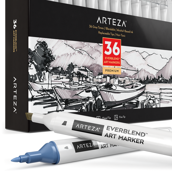 Arteza EverBlend Ultra Art Markers, Brush Nib, Gray Tones - 36 Piece