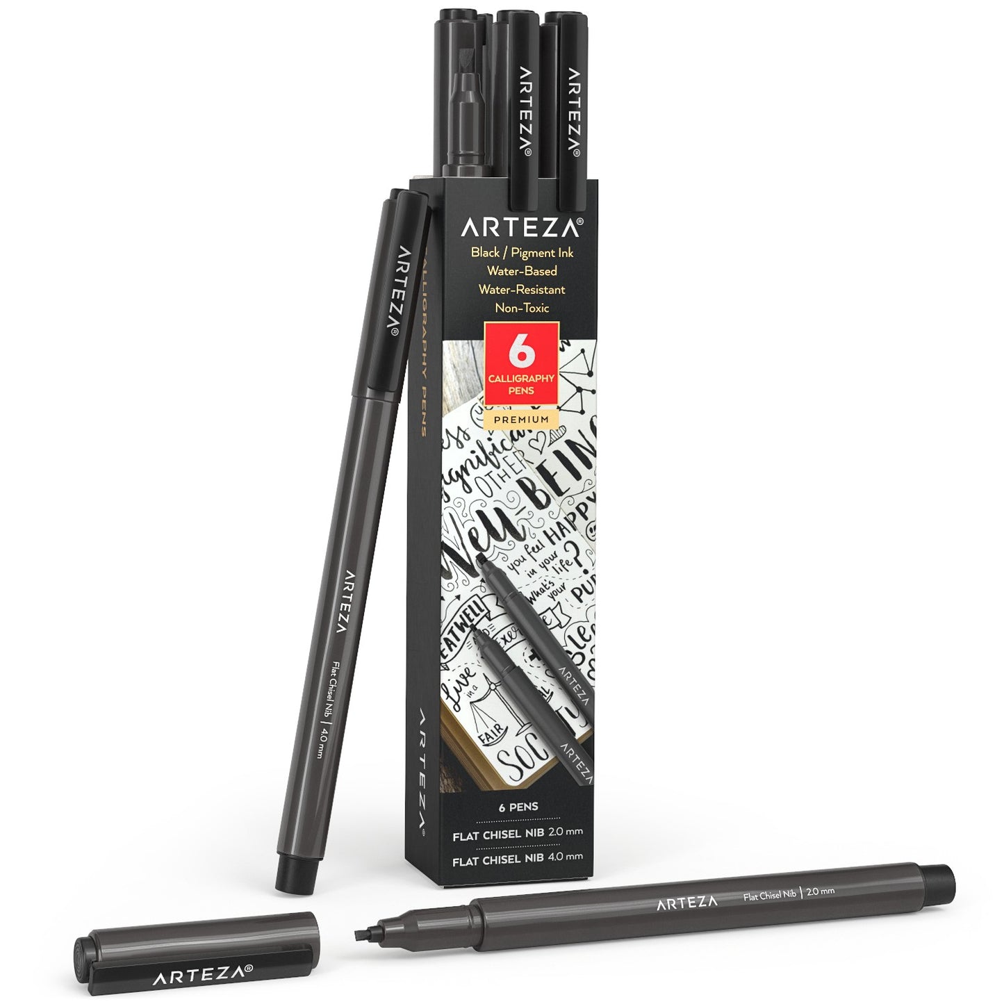 Arteza Calligraphy Pen, Black Pigment Ink, Flat Chisel Nib  Set of 6