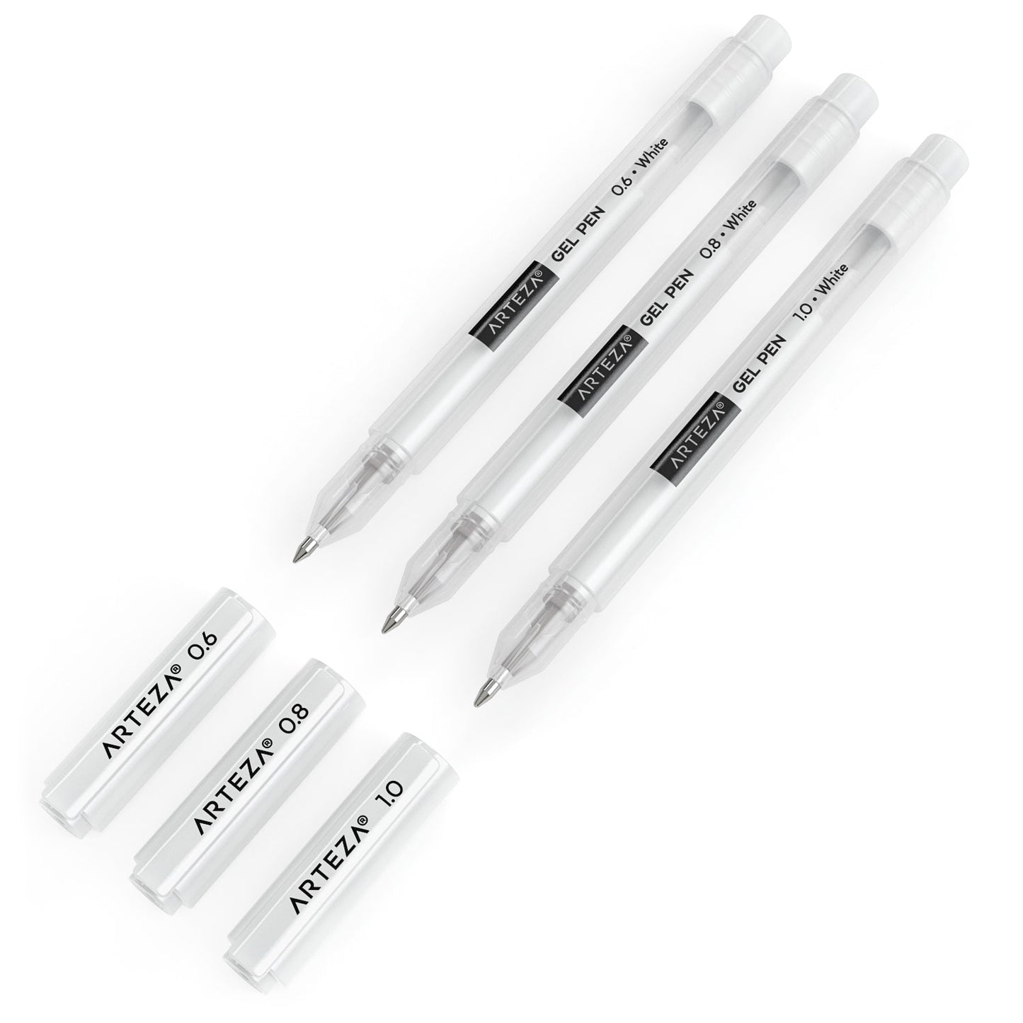 ARTEZA White Gel Pen Set, Pack of 12, White Gel Pens for Artists with  0.6mm, 0.8mm, and 1.00 mm Nibs, White Rollerball Pens for Writing, Drawing
