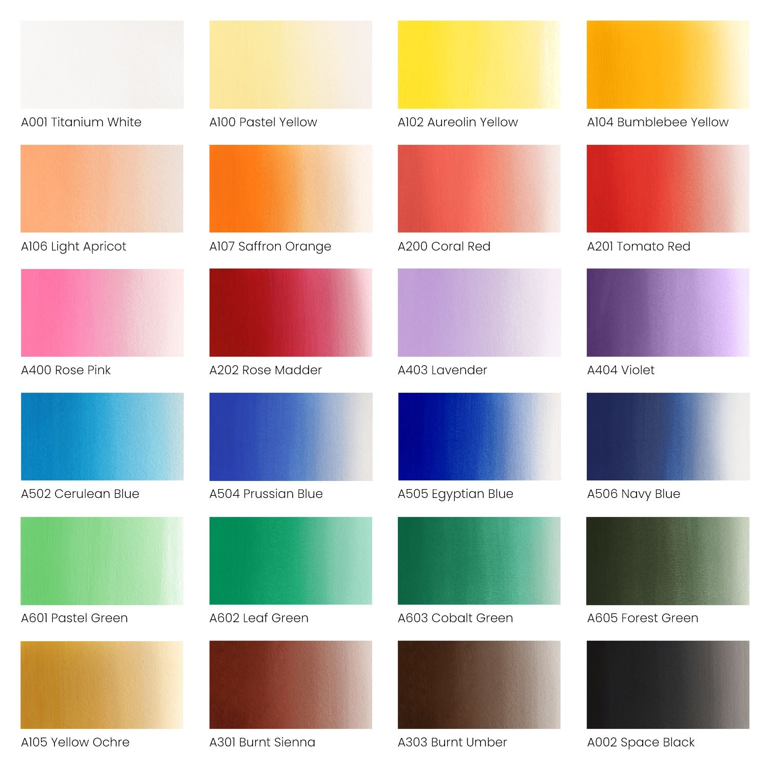 Acrylic Gouache Paint, Essential Tones Pack of 24 Color Chart