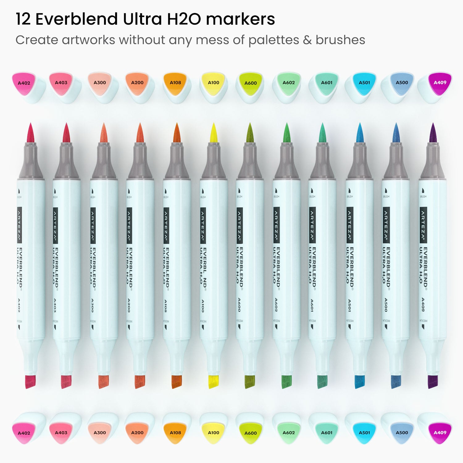Arteza Professional Everblend Dual Tip Ultra Artist Brush Sketch Markers,  Classic Colors, Replaceable Tips - 12 Pack 
