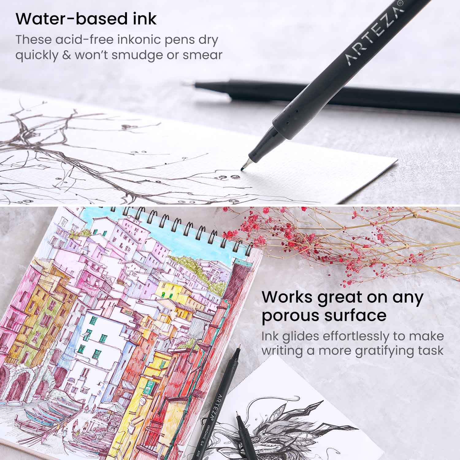 Arteza Fineliner Pens, Inkonic, Fine Line, Assorted Colors - Set of 24