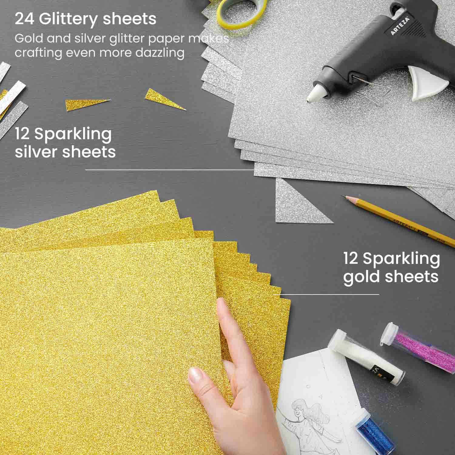 Glitter Paper, Gold & Silver, 12 x 12 - 24 Sheets