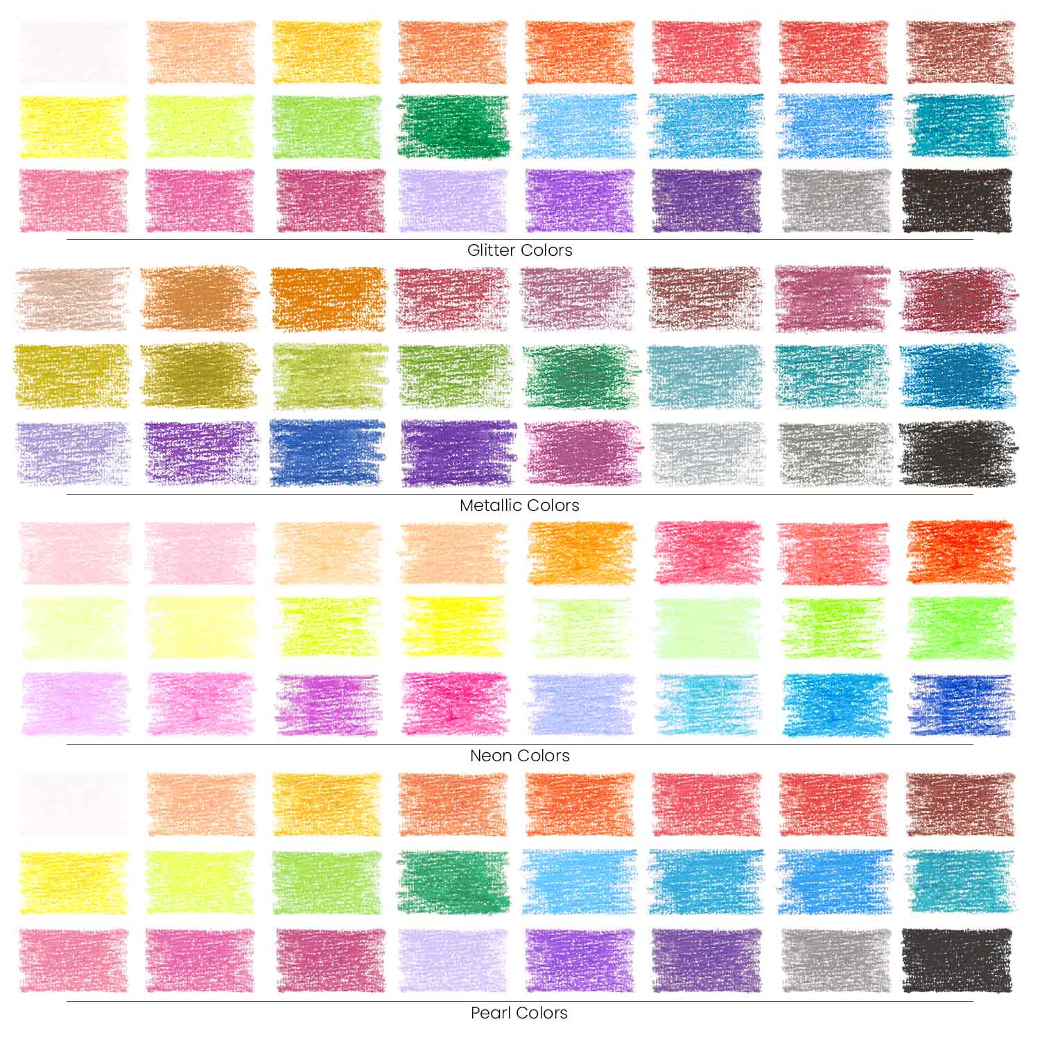 Kids Crayons Glitter, Pearl, Neon and Metallic Color Chart