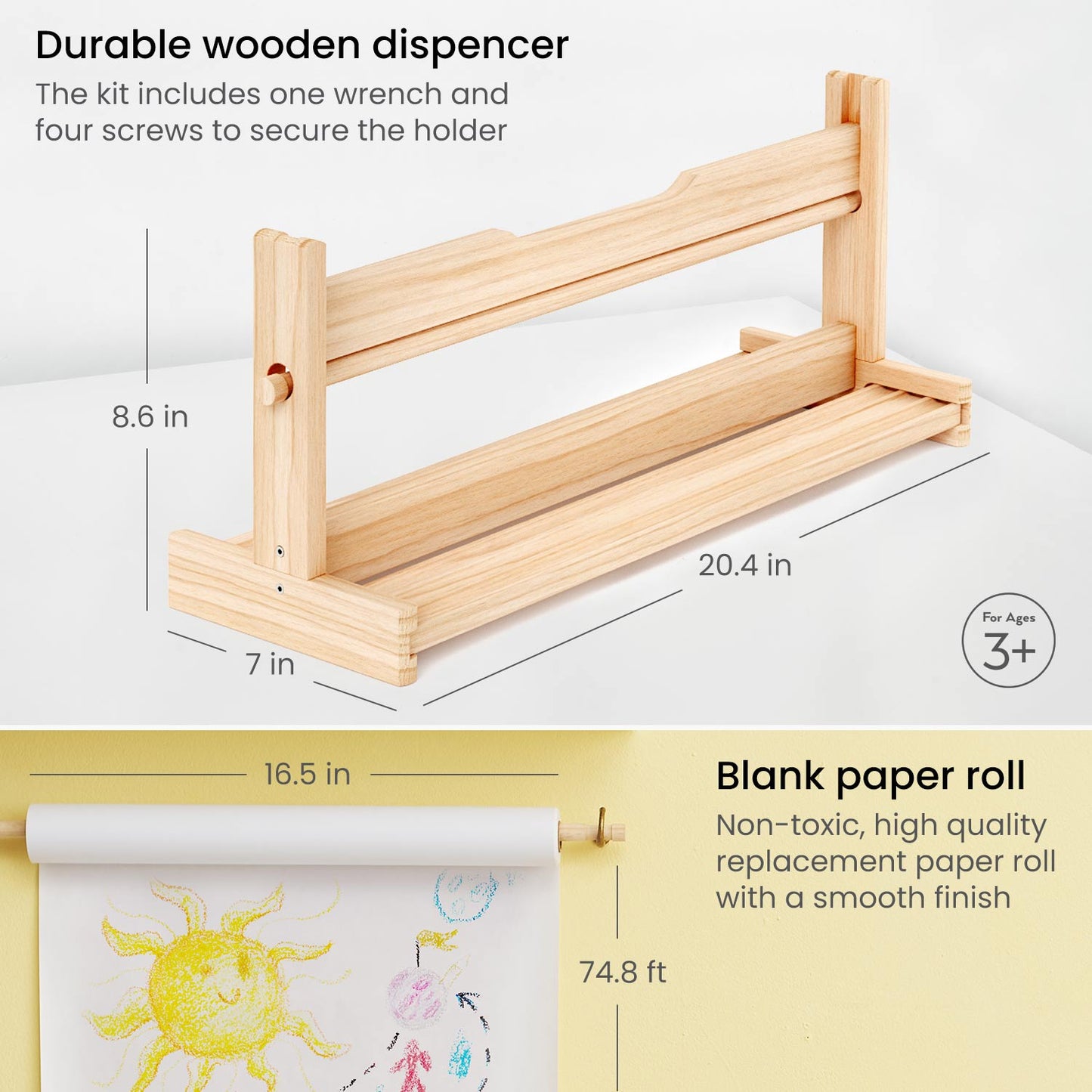 Sizing of Kids Paper Roll with Wooden Dispenser