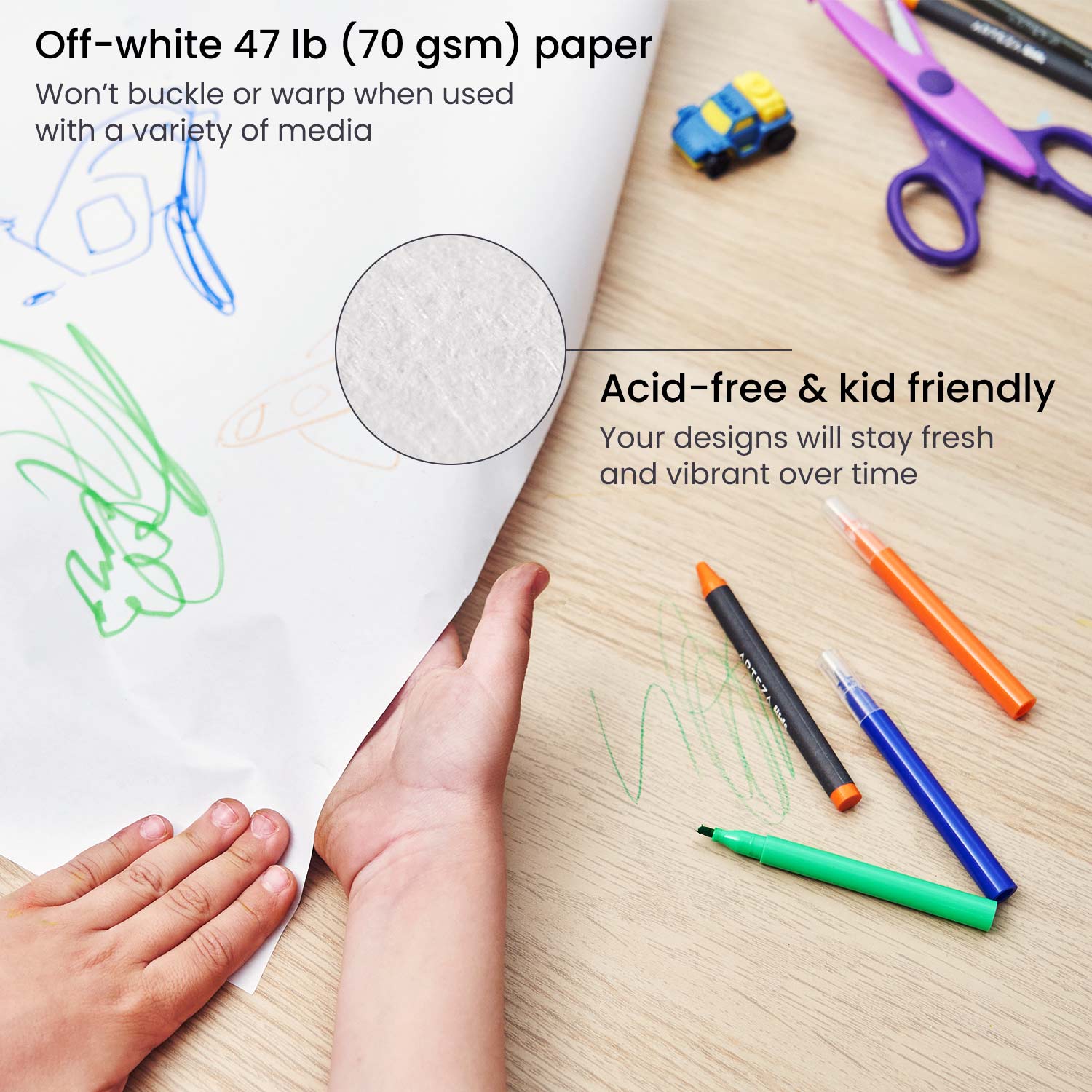 Off White Paper and Kid Friendly Paper Roll with Wooden Dispenser
