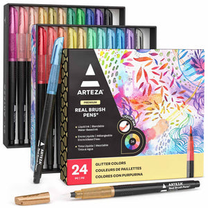 Arteza Felt Tip Pens, Set of 24 Seasonal Brush Tip Calligraphy Pens for Note Taking, Sketching, Cross-Hatching, Outlining, Dye-Based Ink, smear-free