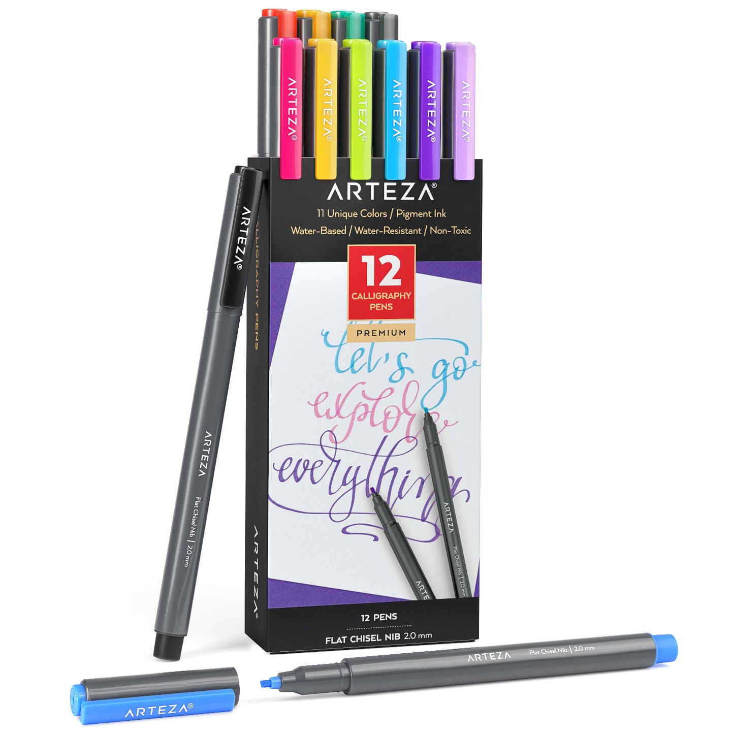Calligraphy Pen, Assorted Colors, Flat Chisel Nib  12 Pack