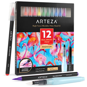 Arteza Felt Tip Pens, Set of 24 Basic Brush Tip Calligraphy Pens for Note Taking, Sketching, Cross-Hatching, and Outlining, D