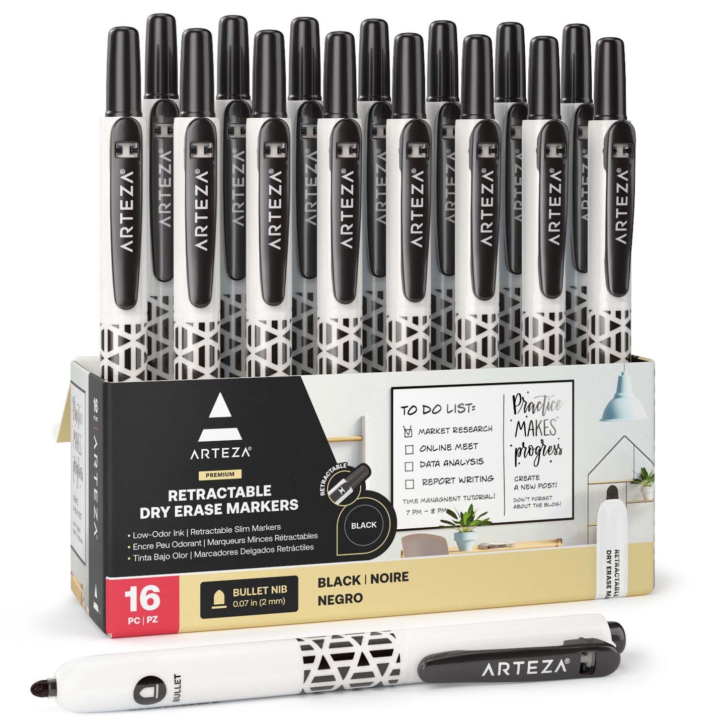 Slim Retractable Dry Erase Markers, Black - Set of 16