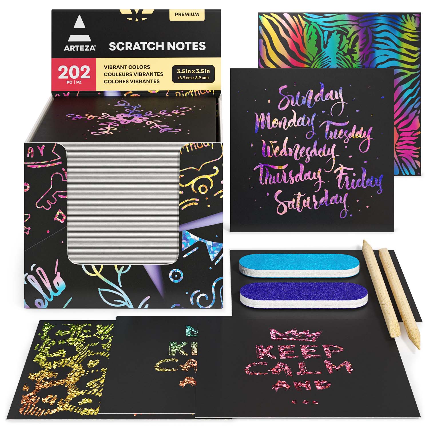 Arteza Scratch Paper Notes, Set of 202, 3.5x3.5 Rainbow, Holographic: Silver