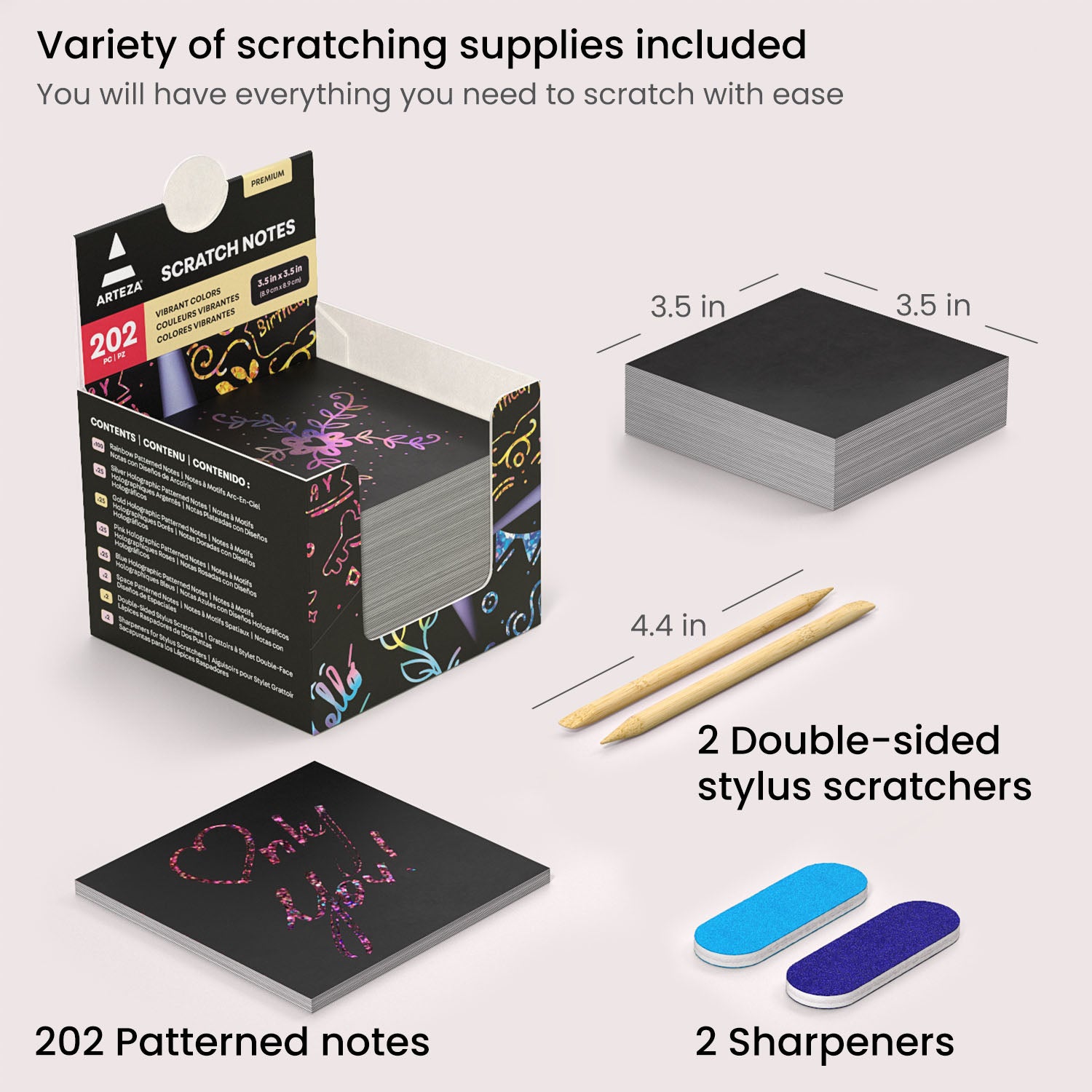 Arteza Scratch Paper, Set of 42 Sheets, 10.9 x 8.2 Inches, Includes 4  Unique Patterns, 4 Scratchers, 4 Stencils, 4 Post Cards, Art Supplies for  Craft