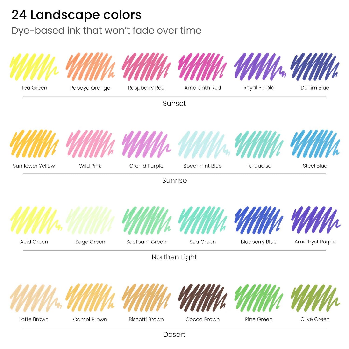 Landscape Felt Brush Pens Set of 24 Color Chart