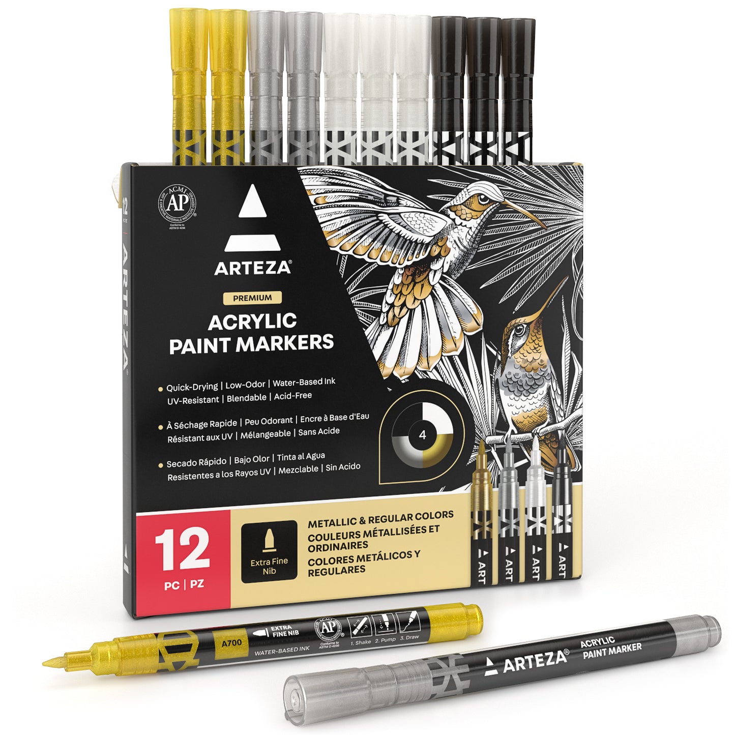 Arteza Acrylic Paint Markers, Set of 12 Metallic Marker Pens, 3 Gold, 3 Silver, 3 Black, 3 White, Extra-Fine Nibs, 15mm, for