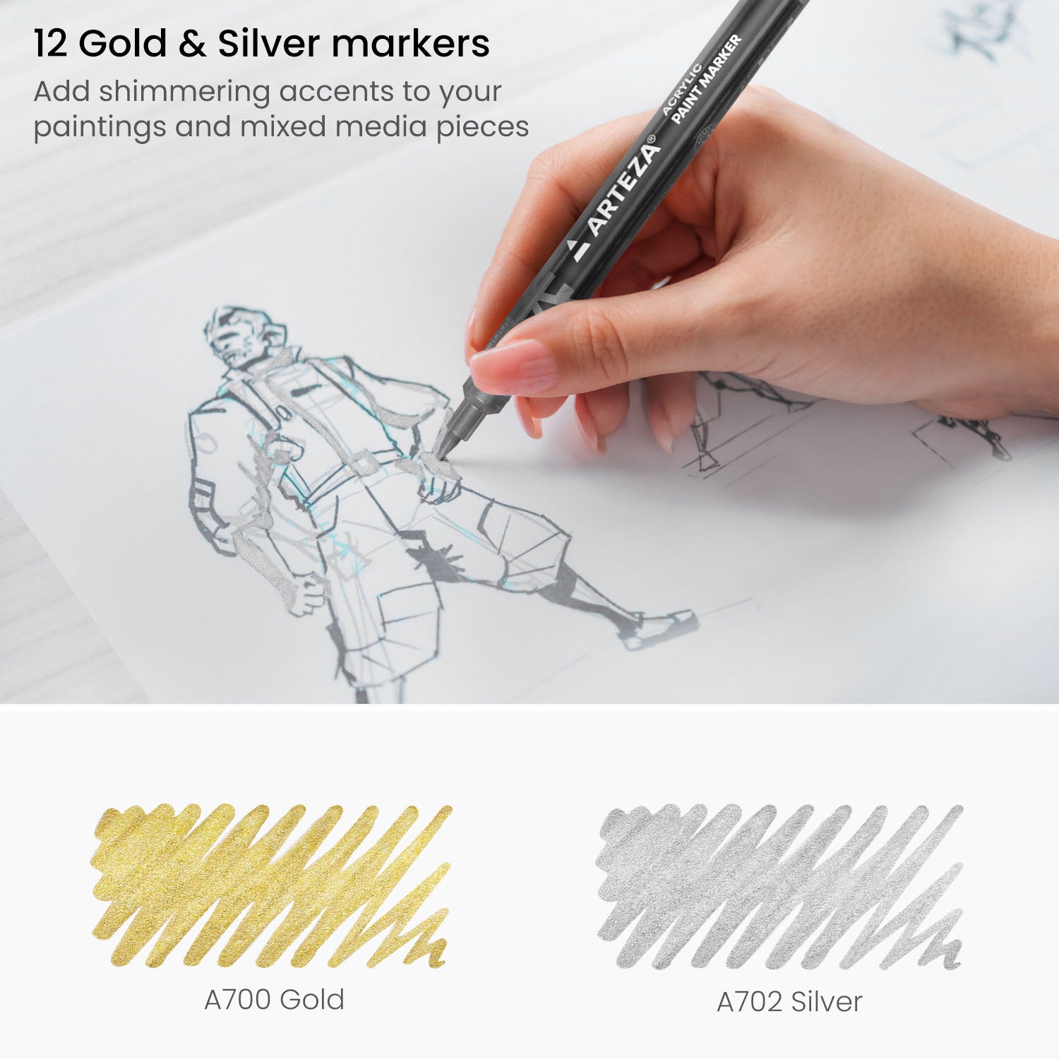 Drawing with Premium Set Acrylic Markers Metallic Silver and Gold