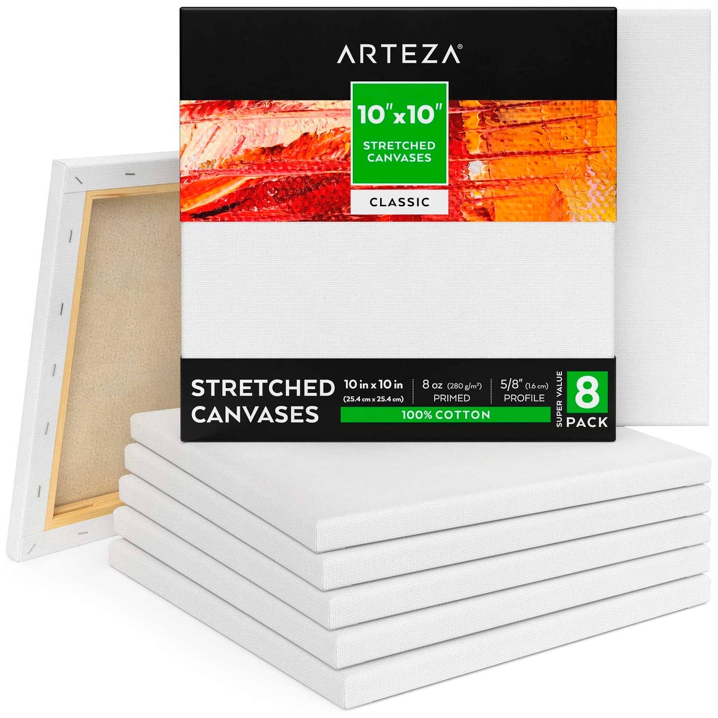 Arteza Stretched Canvas, Classic, White, 10x10, Blank Canvas Boards for Painting - 8 Pack