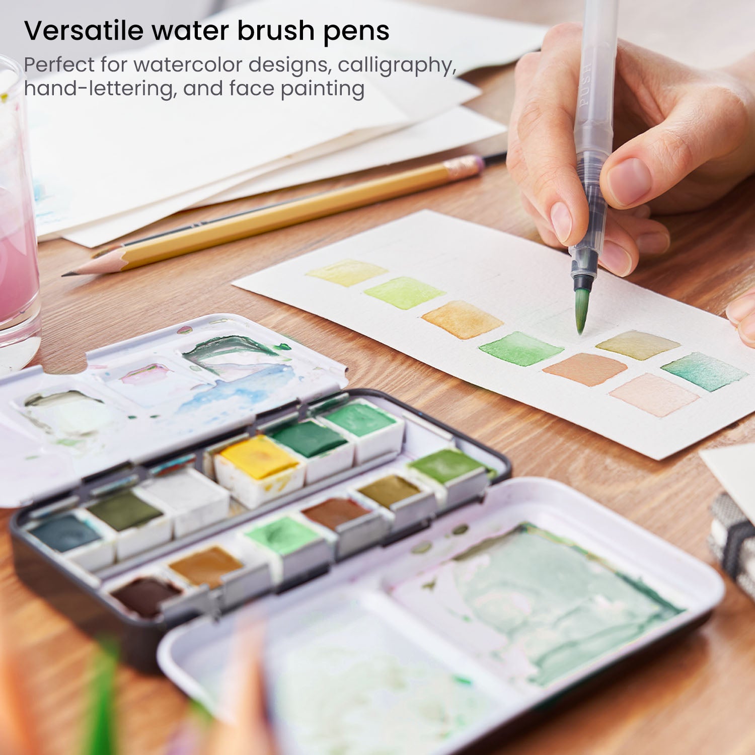 Arteza Water Brush Pens - Self-Moistening - Portable (Assorted Tips, Set of 6)