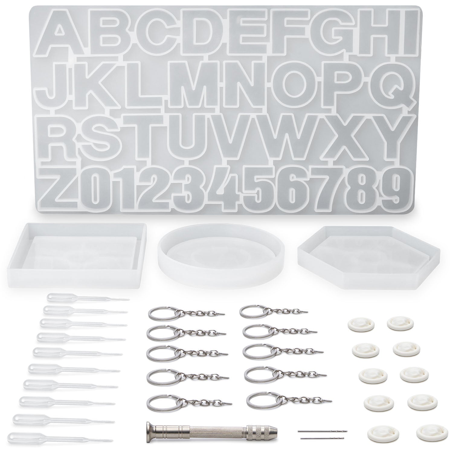 Arteza Resin Keychain Molds and Accessories, 37-Piece Kit, Numbers and Alphabet Silicone Molds, Keychain Rings, Finger Tabs, Pipettes, Drilling Tool