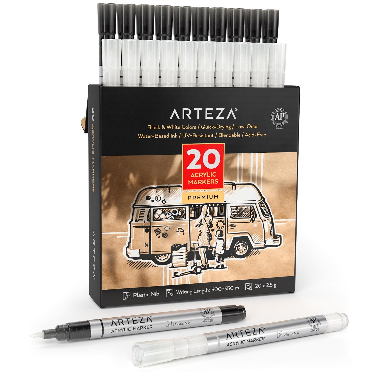 Arteza Permanent Markers, Black, Ultra Fine Tip - Set of 40