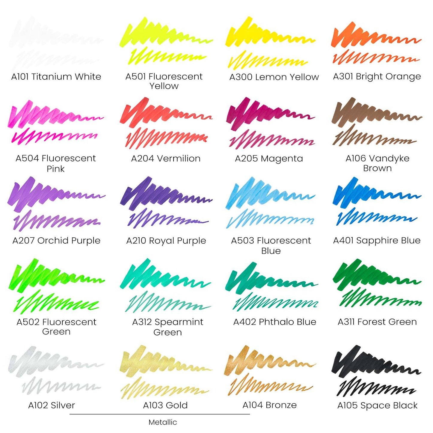 Bright Acrylic Markers Set of 20 Color Chart