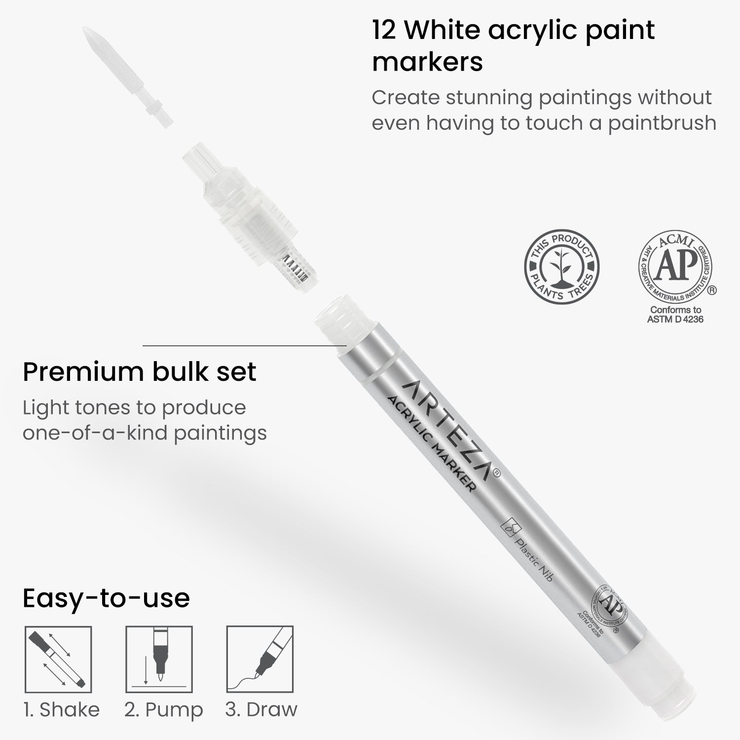 Arteza Acrylic Paint Markers, Pack of 12, White, Long-Lasting Acrylic Paint Pens with Plastic Nib, Art Supplies for Painting on Metal, Canvas, Rock, C