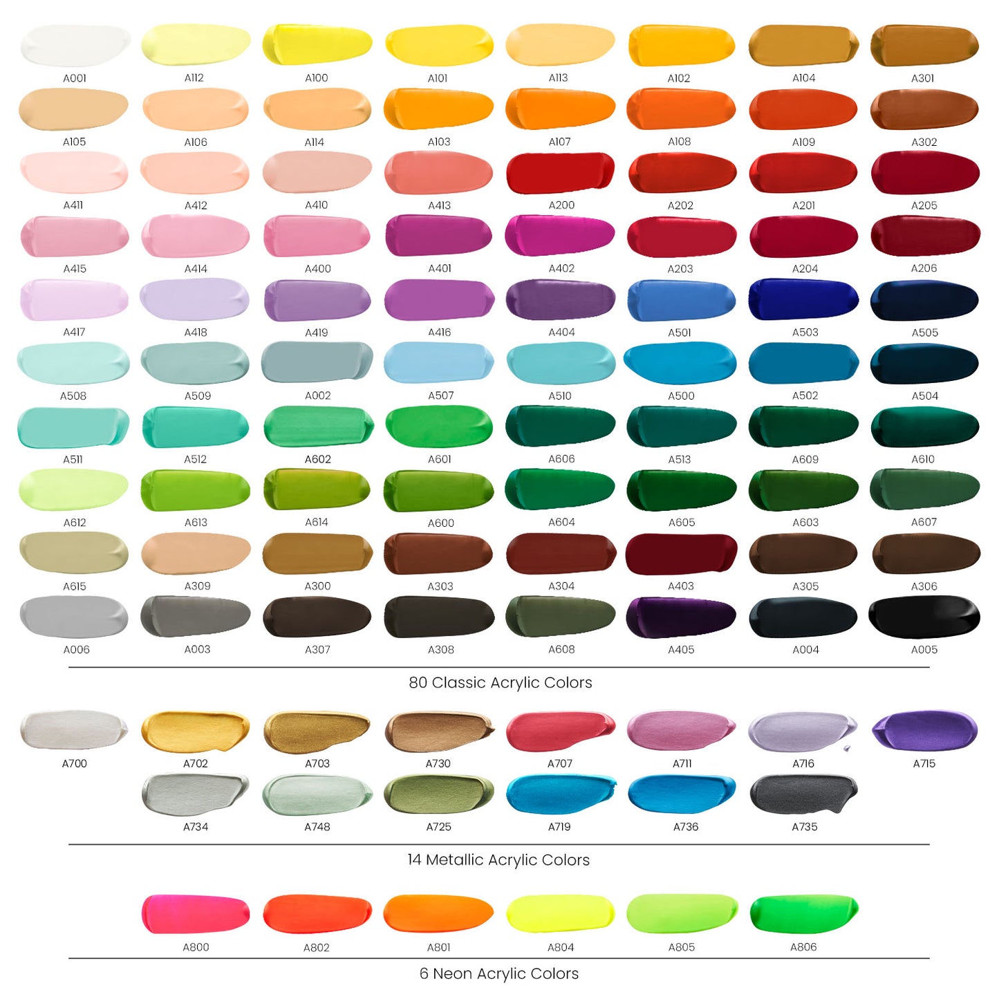 Acrylic Paint Sampler Pack of 100 Color Chart