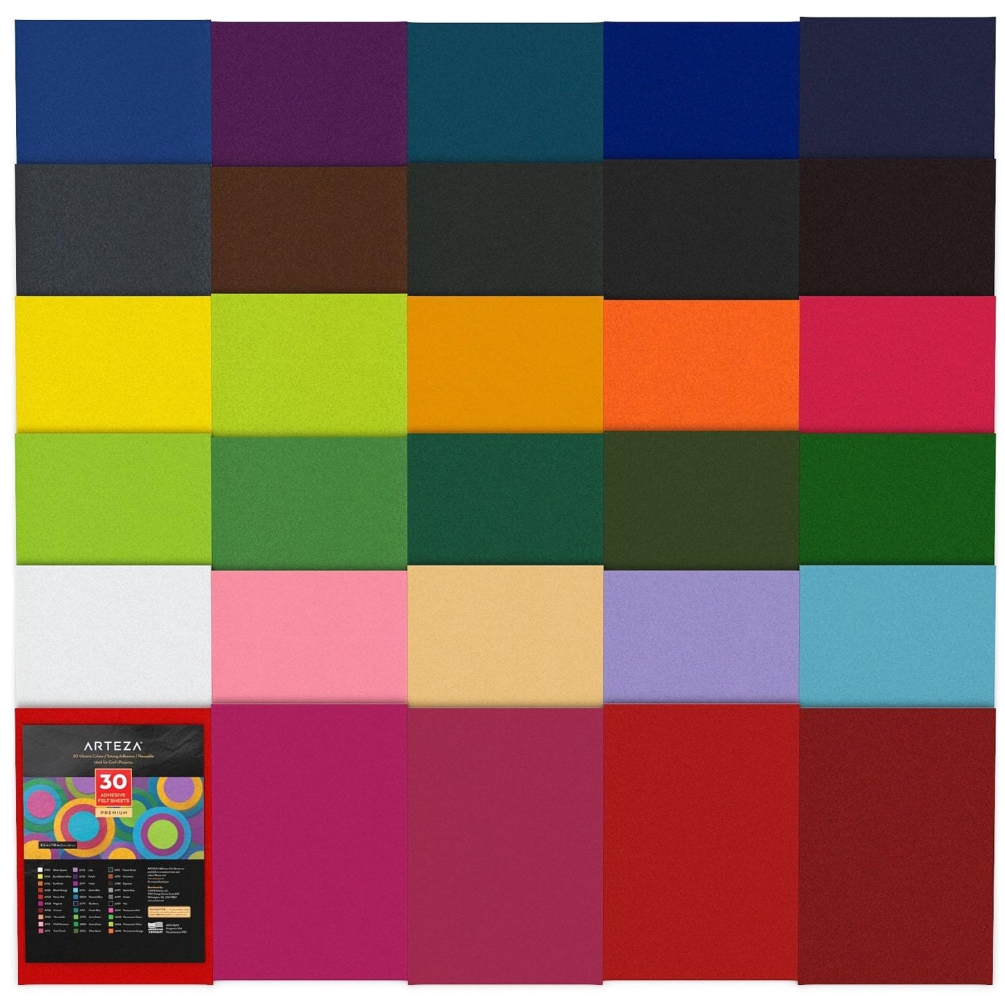 Adhesive Felt Fabric, Assorted Colors, 8.3" x 11.8" Sheets - Set of 30