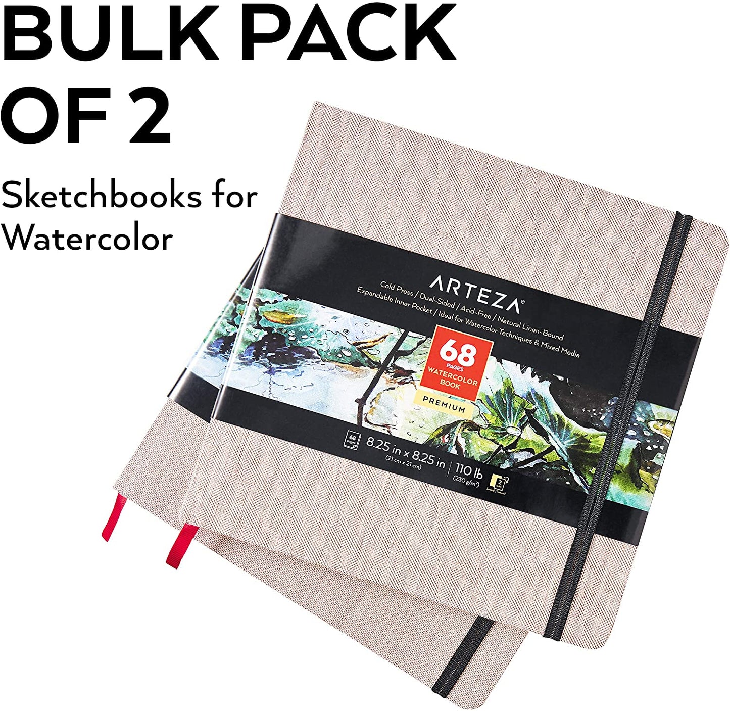 Watercolor Book, Beige Hardcover, 8.25" x 8.25", 68 Pages - Pack of 2