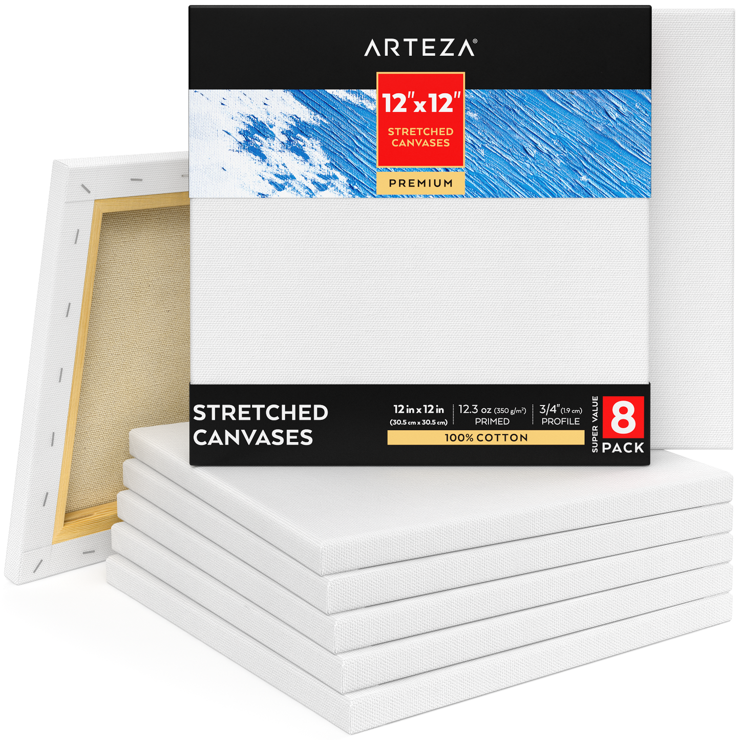 Premium Stretched Canvas, 12" x 12" - Pack of 8