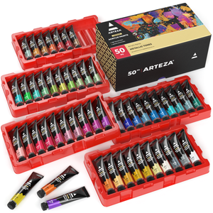 US Art Supply 50-Piece Acrylic Painting Set with Wood Storage Case 24-tubes Acrylic Colors 12 Colored Pencils 2 Graphite Pencils 4 Artist Brushes