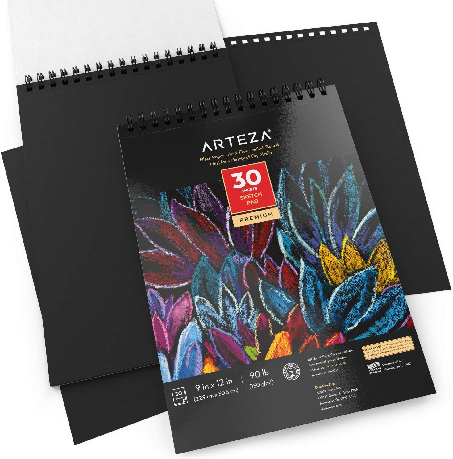 Arteza Black Paper Sketch Pad, 9 inch x 12 inch, 30 Sheets, Pack of 2