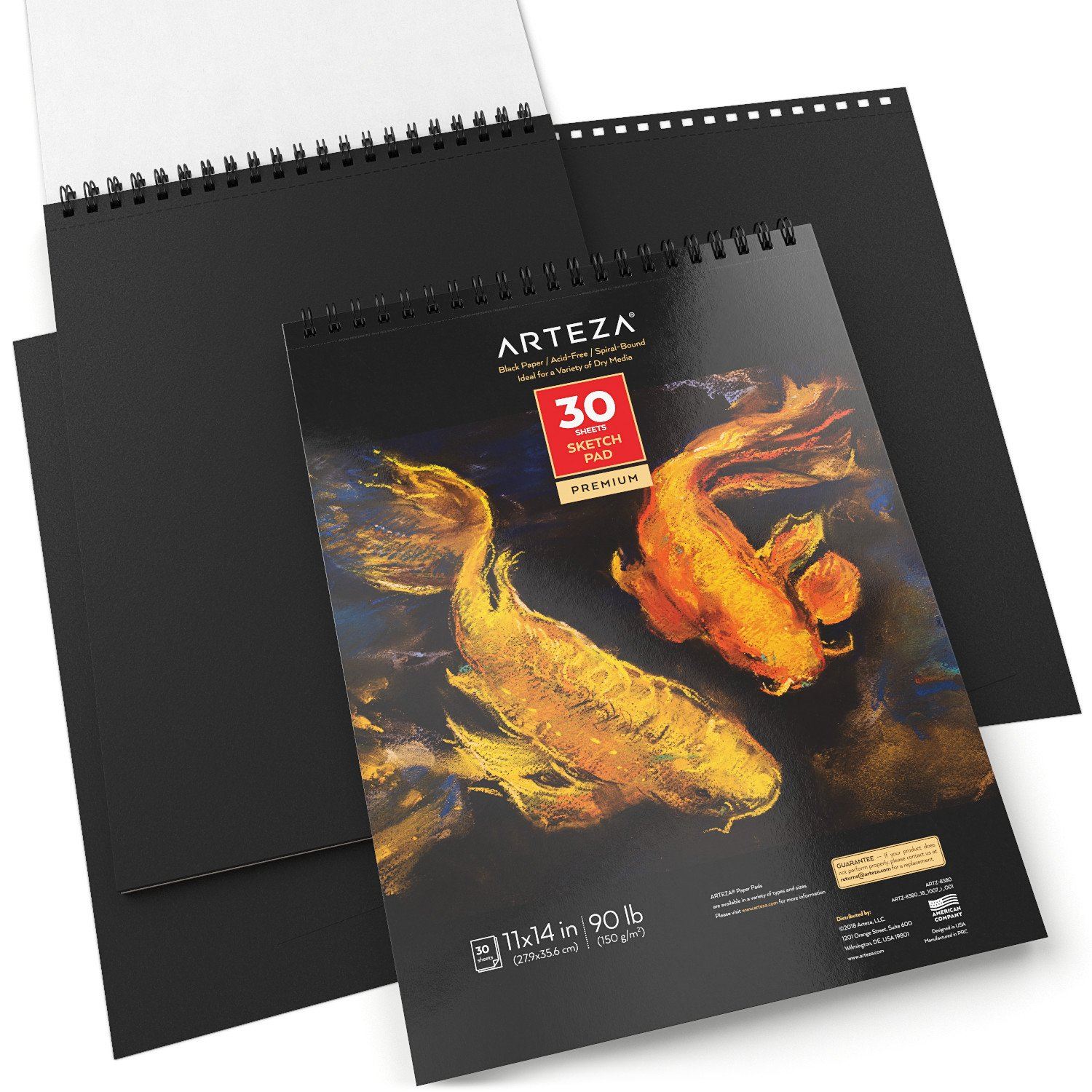 Arteza Spiral-Bound Black Sketch Pad, Heavyweight Paper, 11 x 14 Inches, 90lb/150gsm, 30 Sheets, Pack of 2, for Graphite 