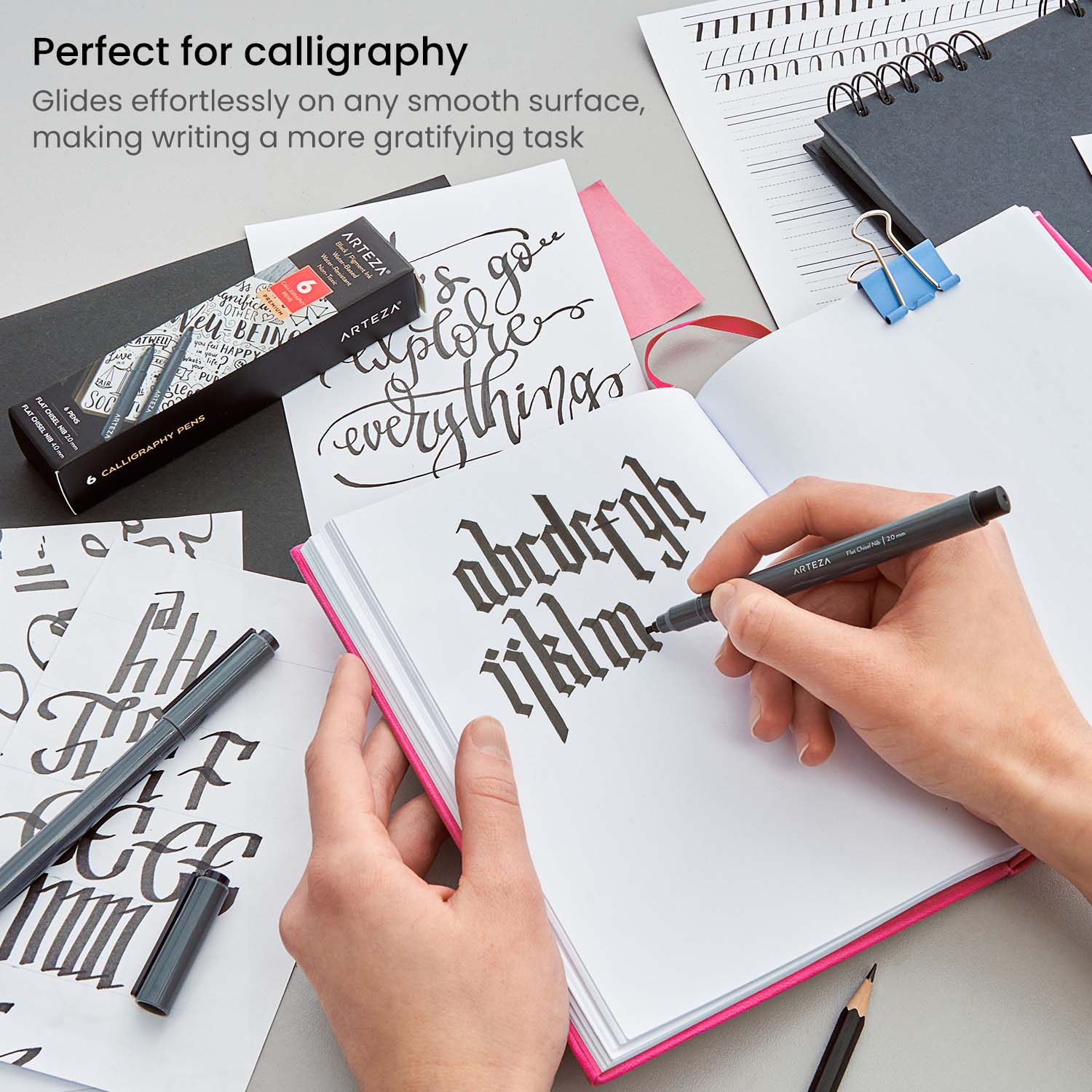 Arteza Felt Tip Pens, Set of 24 Landscape Brush Tip Calligraphy Pens for Note Taking, Sketching, Cross-Hatching, Outlining, Dye-Based Ink, smear-free