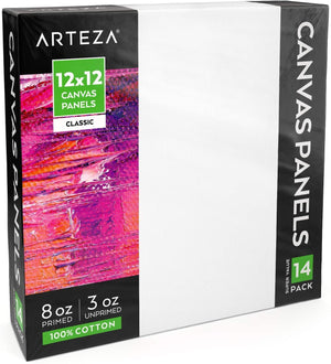 Arteza Stretched Canvas, Pack of 12, 6 x 6 Inches, Square White Canvases, 100% C