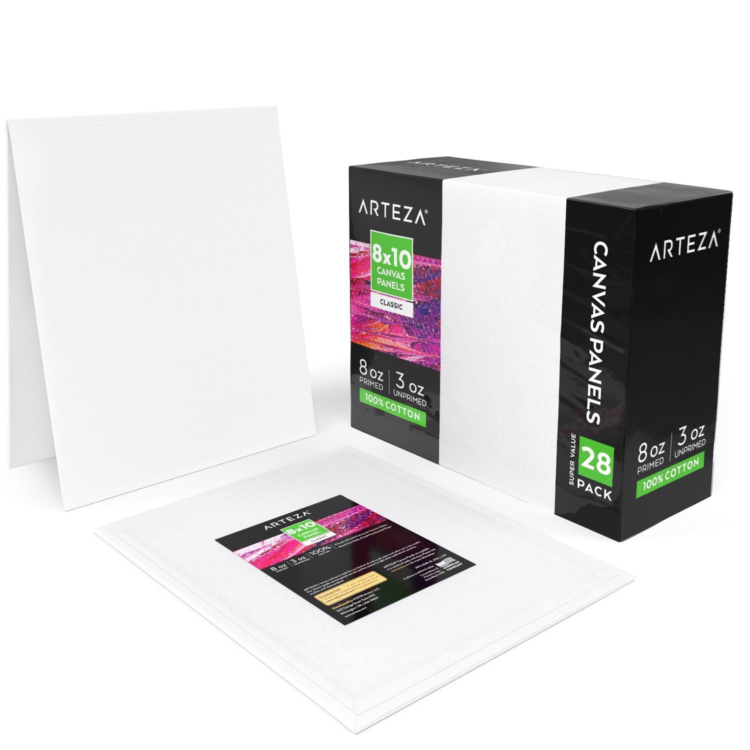 Arteza 8x10 White Blank Canvas Panels Boards, Bulk Pack of 28, Primed, 100% for