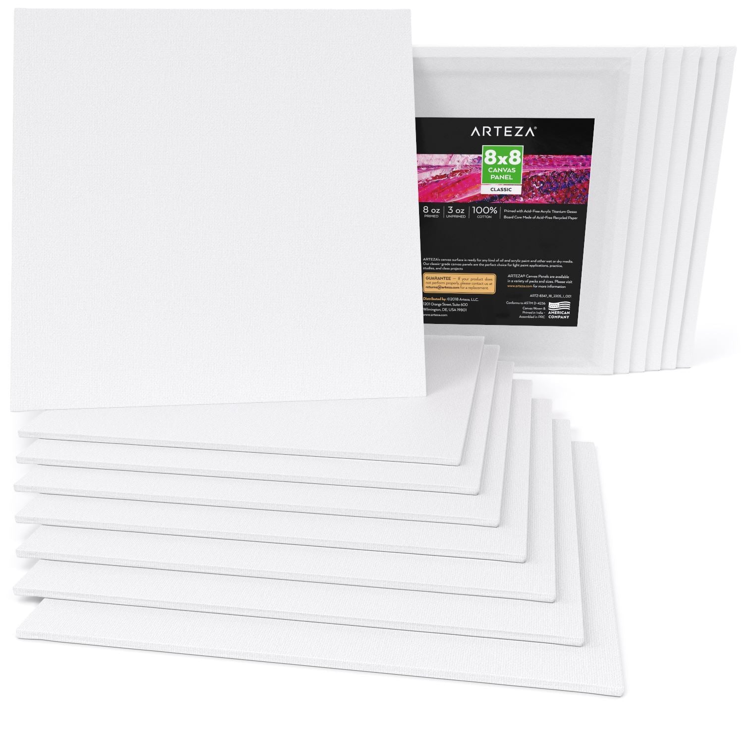 Arteza Stretched Canvas, Pack of 12, 8 x 8 Inches, Square White Canvases, 100% C