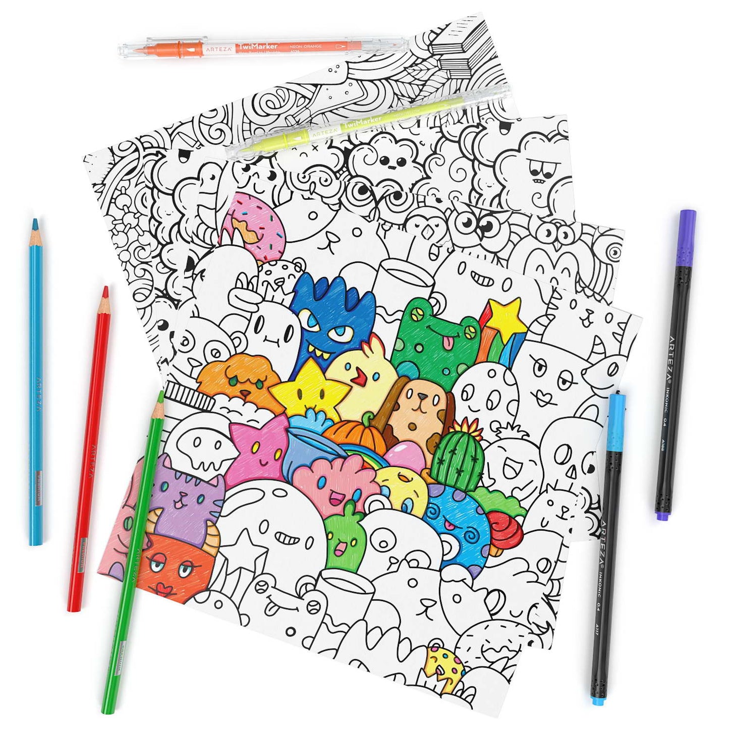 Coloring Book 9" x 9" Doodle Illustrations, 50 Sheets