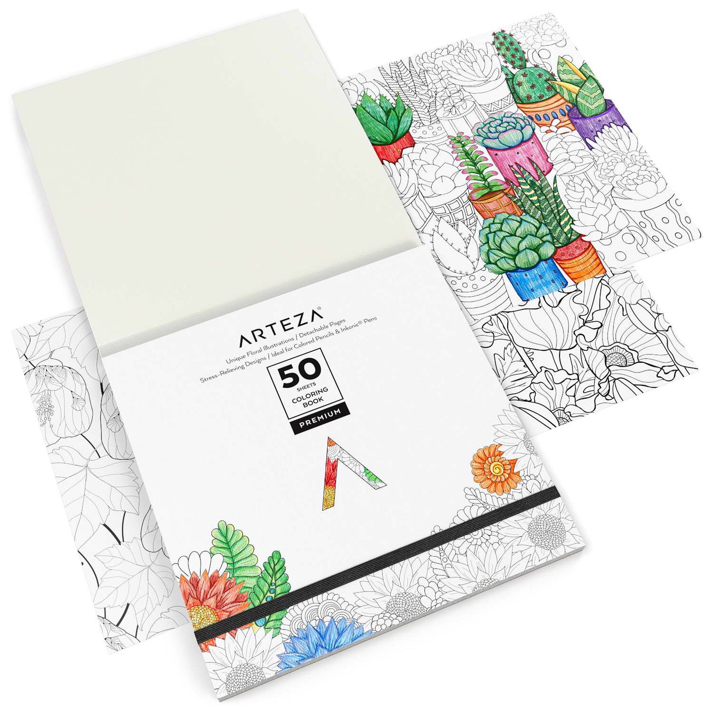 Coloring Book, 9" x 9", Floral Illustrations, 50 Sheets